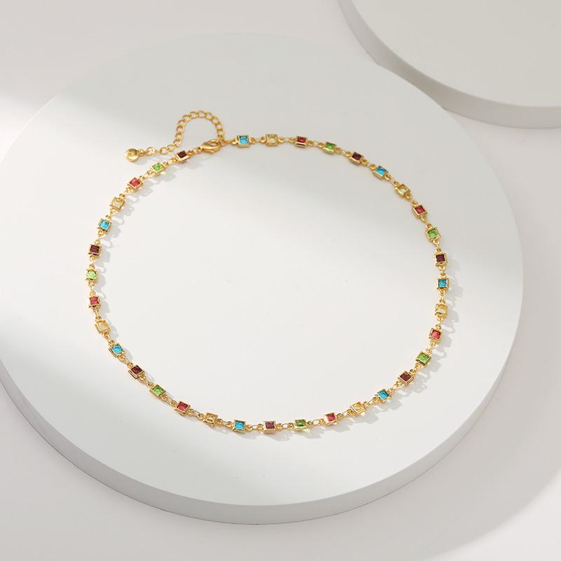 Retro Square Copper Inlay Zircon Necklace 1 Piece