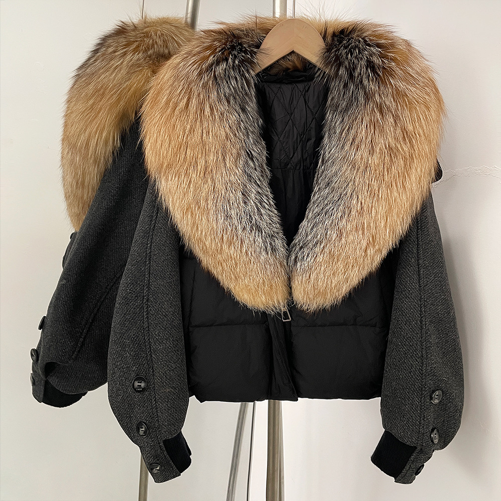 Unique Splicing Super Nice Splicing Gray Short Fox Fur Collar down Jacket Women's Winter High-End Design Jacket