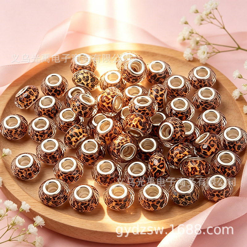Pan's Large-Hole Resin Beads with Faceted Coffee-Colored Leopard Print, Trendy Jewelry Accessories, DIY Jewelry Accessories, Bead Spacers