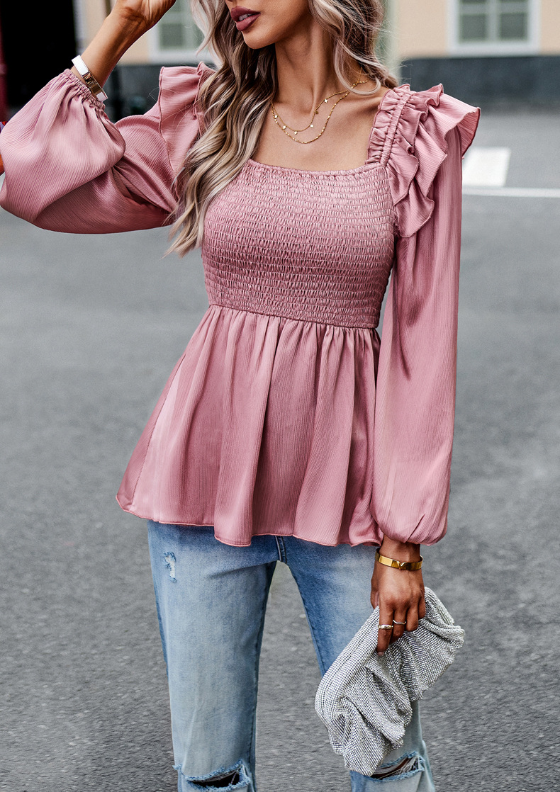 Puff Sleeve Sleeve Type Spandex, Polyester Fabric Type Women's Blouse Long Sleeve Blouses Lettuce Trim Casual Solid Color