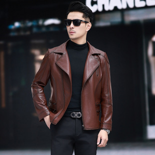 Haining Genuine Leather Men's Leather Jacket Top Layer Cowhide Biker Suit Short Lapel Korean Style Handsome Jacket Trend