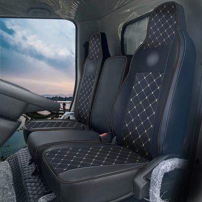 T5 Full-Coverage Seat Cover Truck | Modelə uyğun (Original) oturacaq örtükləri - plaid-leather-black-the-driver-and-two-passengers-sit-in-one-set