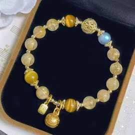 批发黄发晶吞金小福牌单圈手链搭配黄虎眼灰月光男女款送朋友礼物