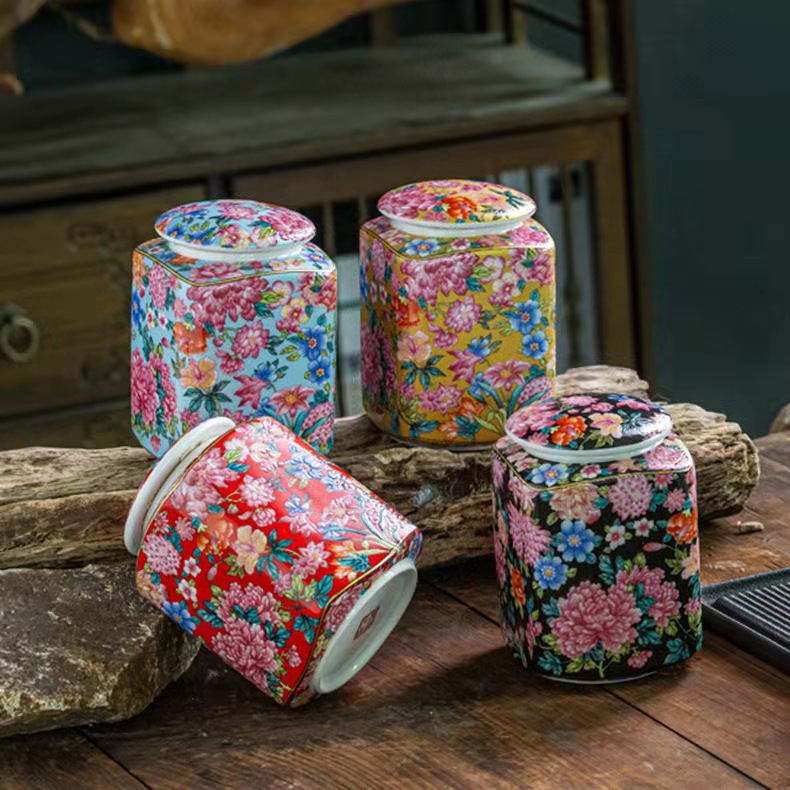 琺瑯彩茶葉罐中式萬花陶瓷密封儲物罐子家用散裝普洱防潮茶倉茶盒