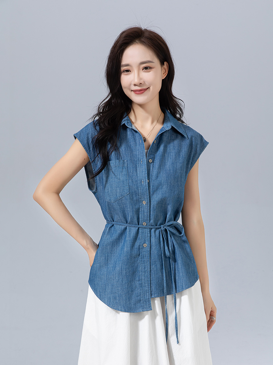 Áo sơ mi denim Tencel không tay thiết kế Xinge dáng suông đi làm — Màu xanh lam