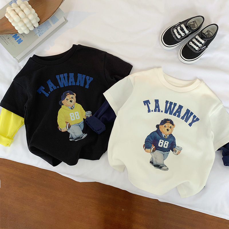 Tong Chenchen mamá chico todo partido guapo falso de dos piezas oso manga larga Camiseta otoño niños lindo Top algodón puro