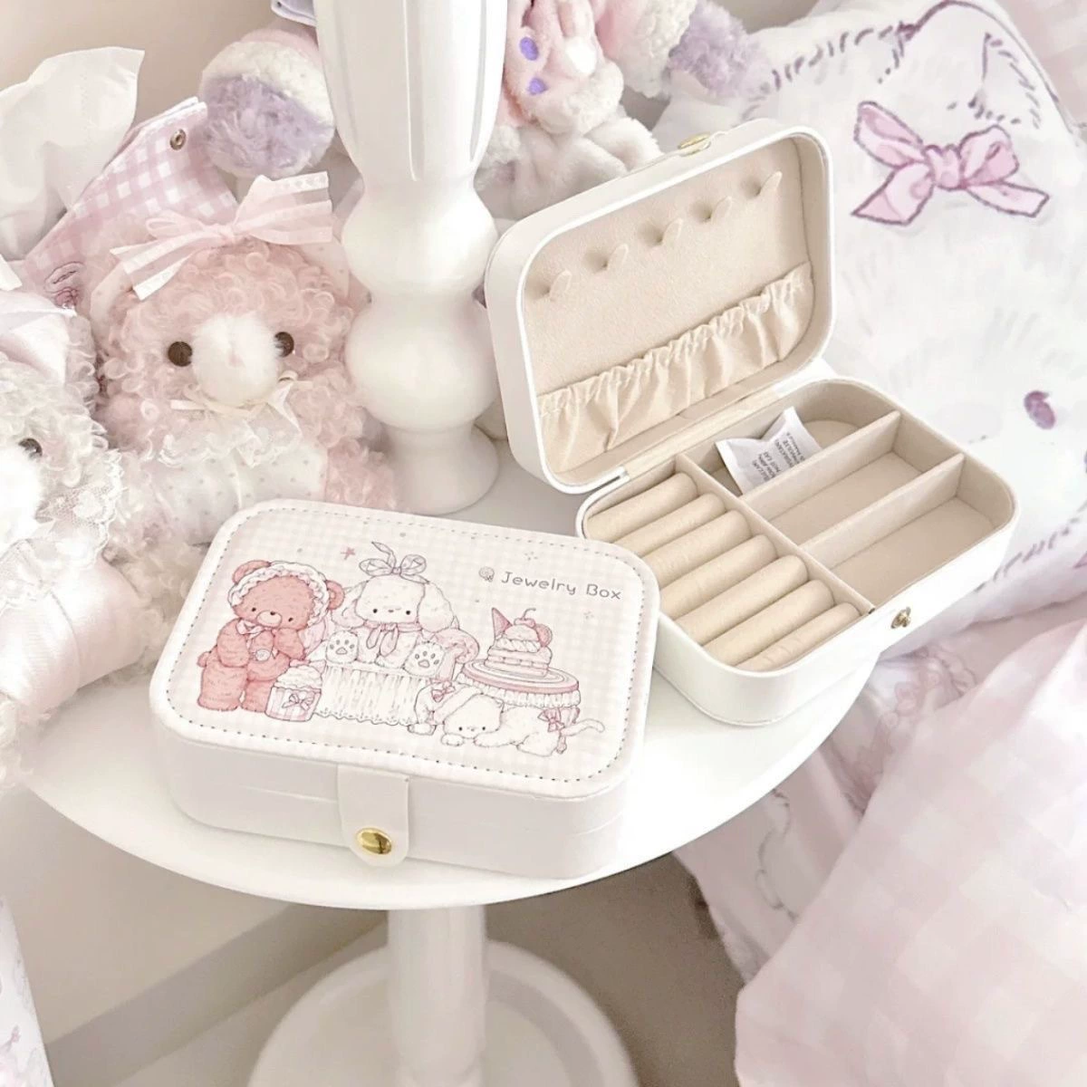 Travel Jewelry Box, Rectangular White Handheld Storage System, Compact with Ring Rolls & Compartments