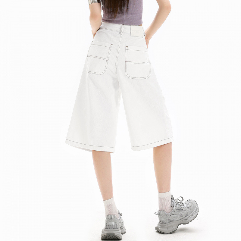 Blanco recto cinco pantalones cortos de vaqueros de mujer nuevo diseño de línea clara sensación de cintura alta suelta delgada pantalones de piernas anchas