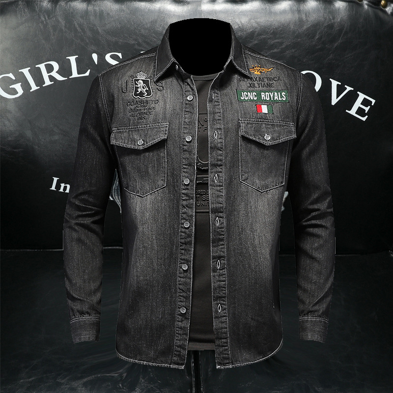 QT5027/V2227/ Camicia in denim nera da uomo in stile europeo e americano con ricamo di lettere a più punti_voghion.com