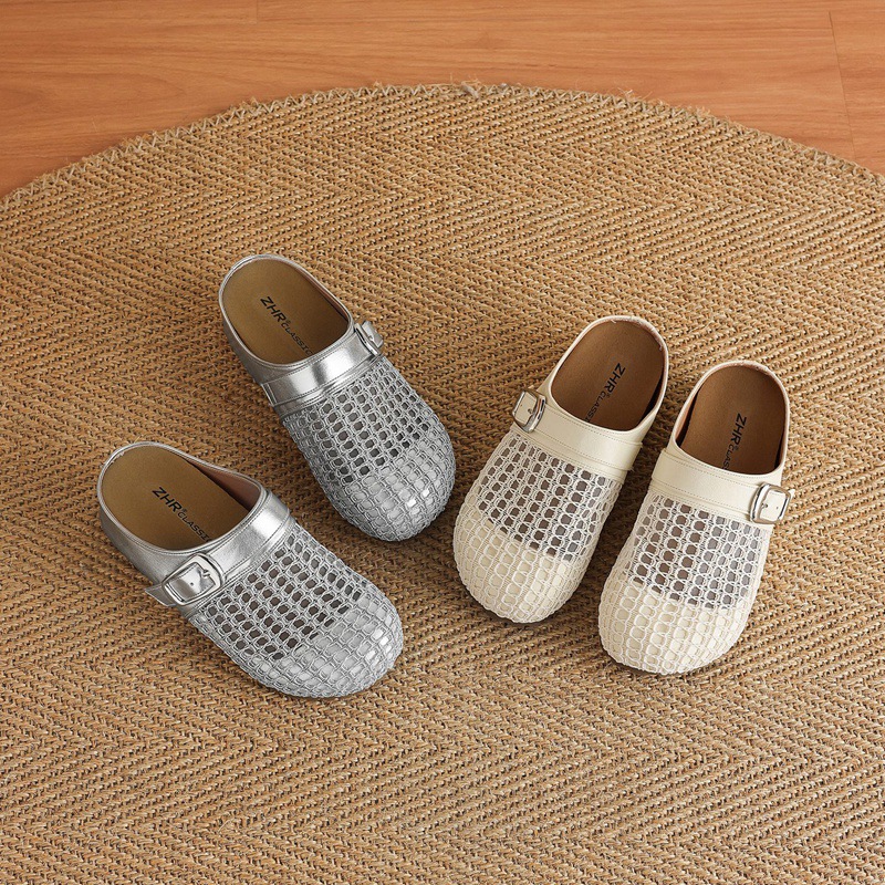 Dép sandal nữ quai chữ V đế tăng chiều cao, mũi trùm thoáng khí — LR12 Màu be