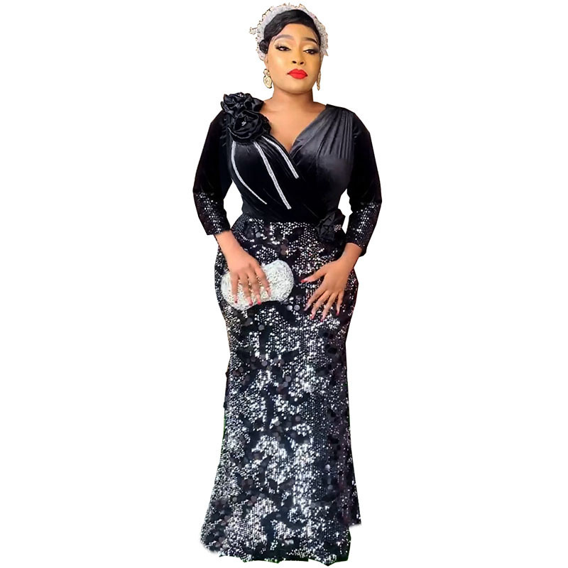 Damenbekleidung Mode schlanke Samt Pailletten Abendkleid Kleid_voghion.com