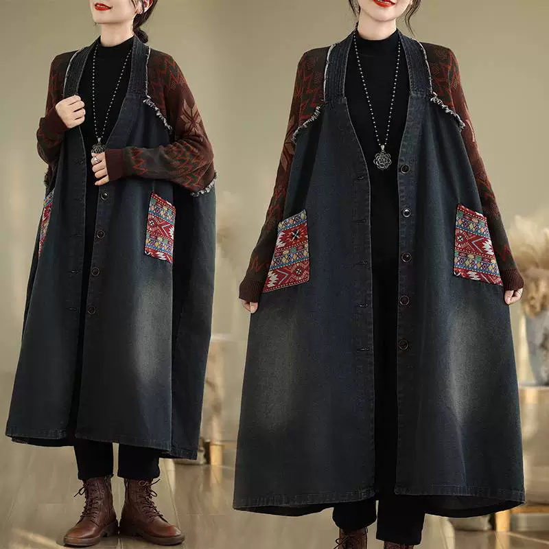 Этническая ретро вязаная шерстяная спилка джинсовая свободная большая кроя