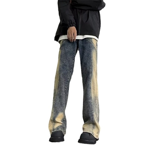 American-style vintage patchwork irregular yellow-dyed denim jeans | Men's and women's relaxed-fit, figure-flattering, flowy high-street micro-flare trousers