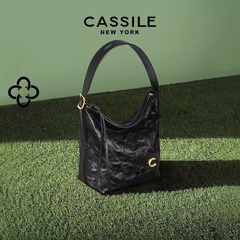 Cassler バケットバッグ [張新成と同じスタイル] レディース 2025 新しいプリーツ植物タンニンなめしブラックショルダークロスボディバッグ