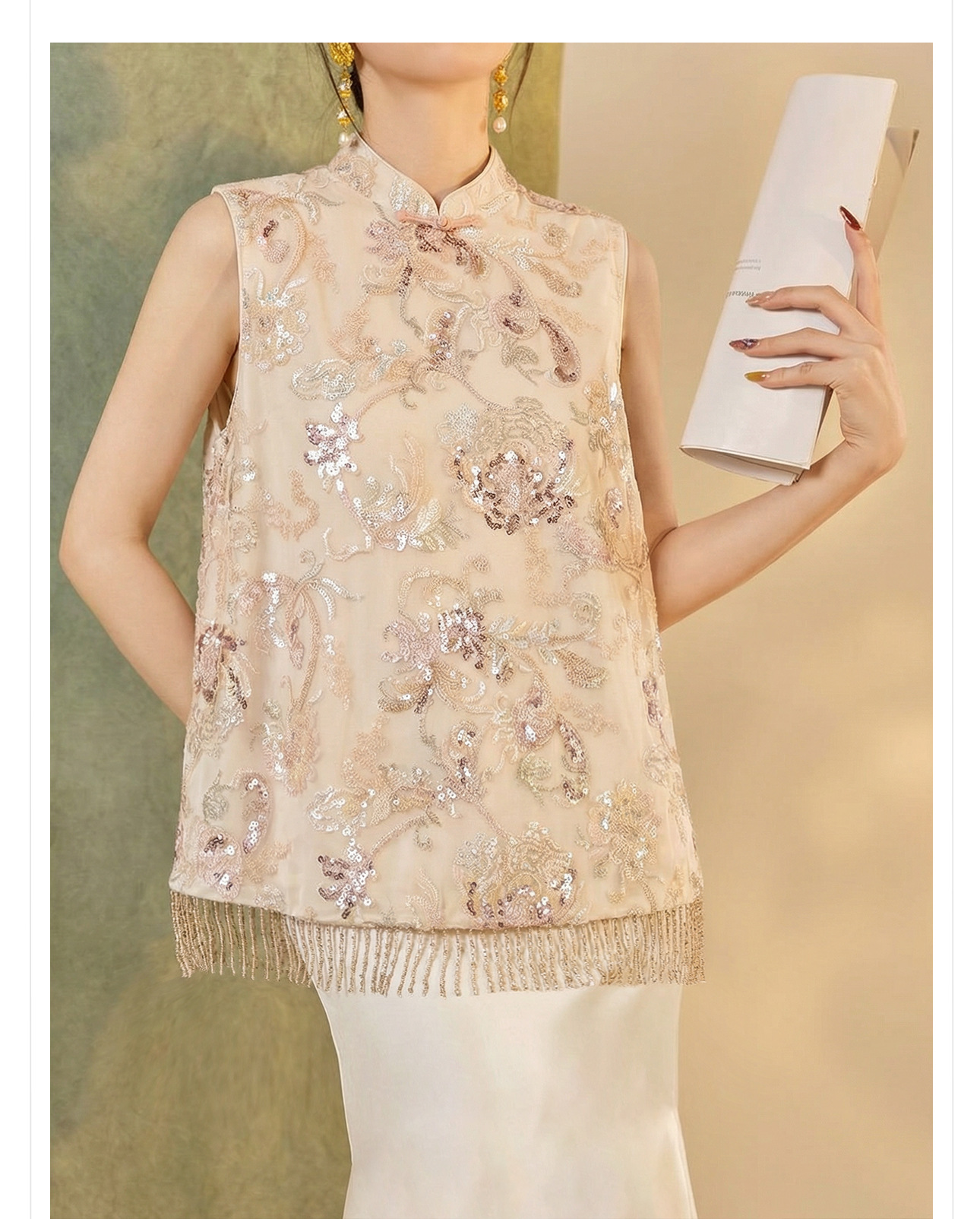 Áo gile nữ thêu sequin tua rua phong cách tân cổ điển xuân hè — xanh lam, màu mơ chi tiết 6