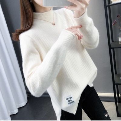 宽松仿水貂绒毛衣女冬装2021新款女季半高领加厚贴牌打底衫套头