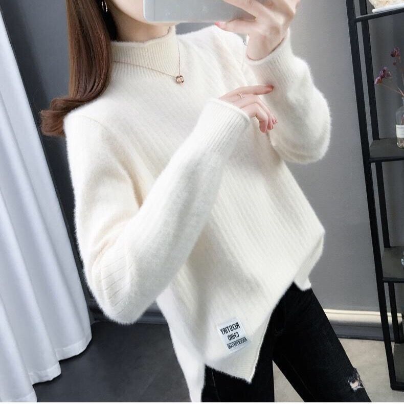 宽松仿水貂绒毛衣女冬装2021新款女季半高领加厚贴牌打底衫套头