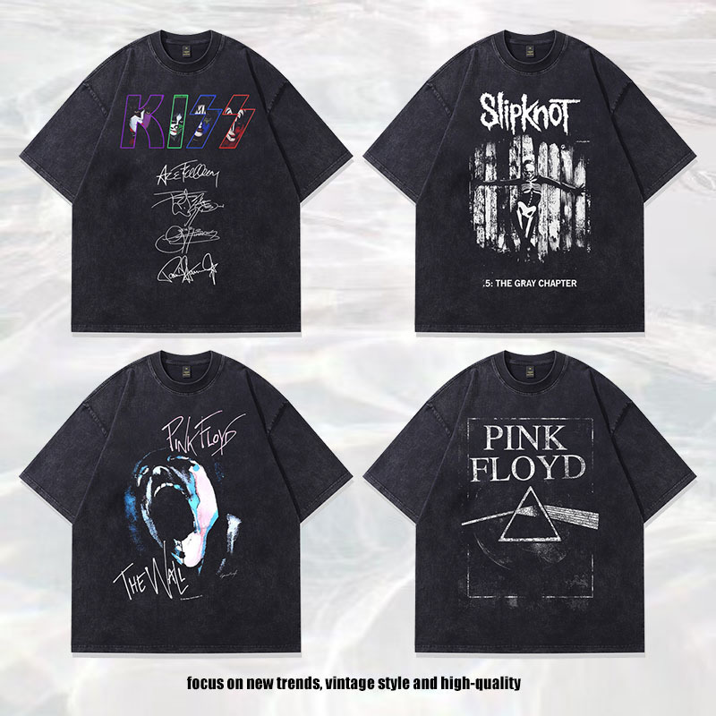 Tkpa Cross-Border Men's Clothing American Retro Band Print Vintage Washed Large Version Pure Cotton Short-Sleeved T-Shirt for Men and Women