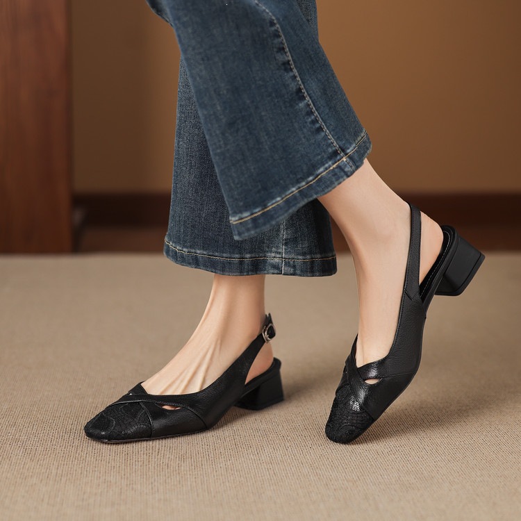Sandal cao gót nữ hở mũi da cừu lưới phối màu quai ngang khóa — màu đen, màu trắng ngà chi tiết 75