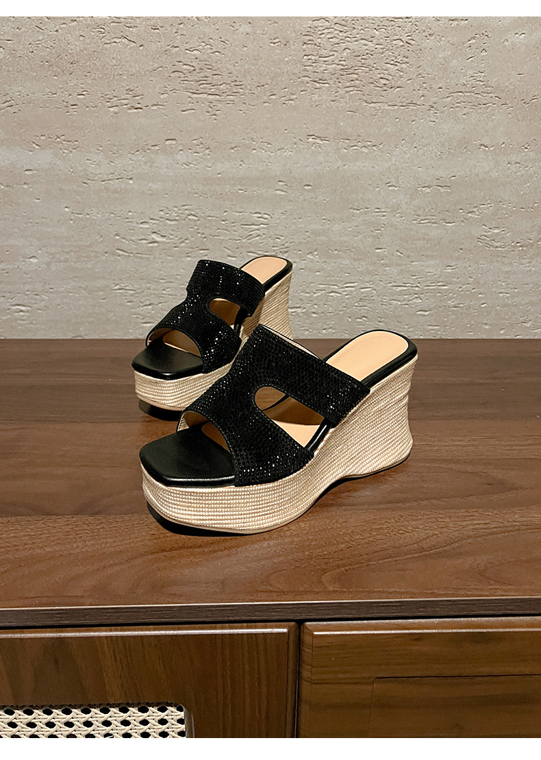Sandal cao gót nữ đế xuồng đính đá quai ngang — màu đen, màu trắng ngà chi tiết 15