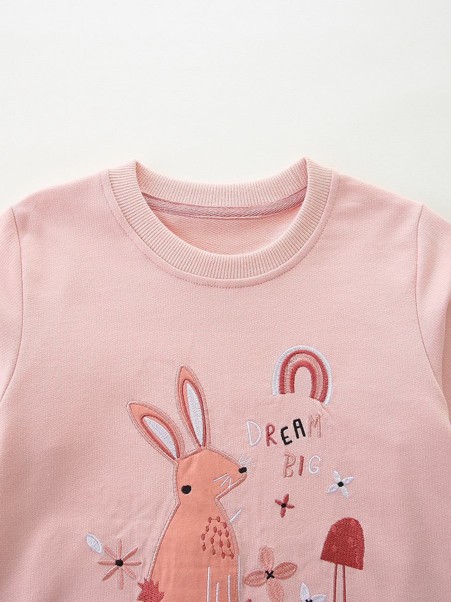 26 otoño nuevo estilo europeo y americano conejo bordado camiseta de niñas camiseta de algodón de punto camiseta de manga larga para niños