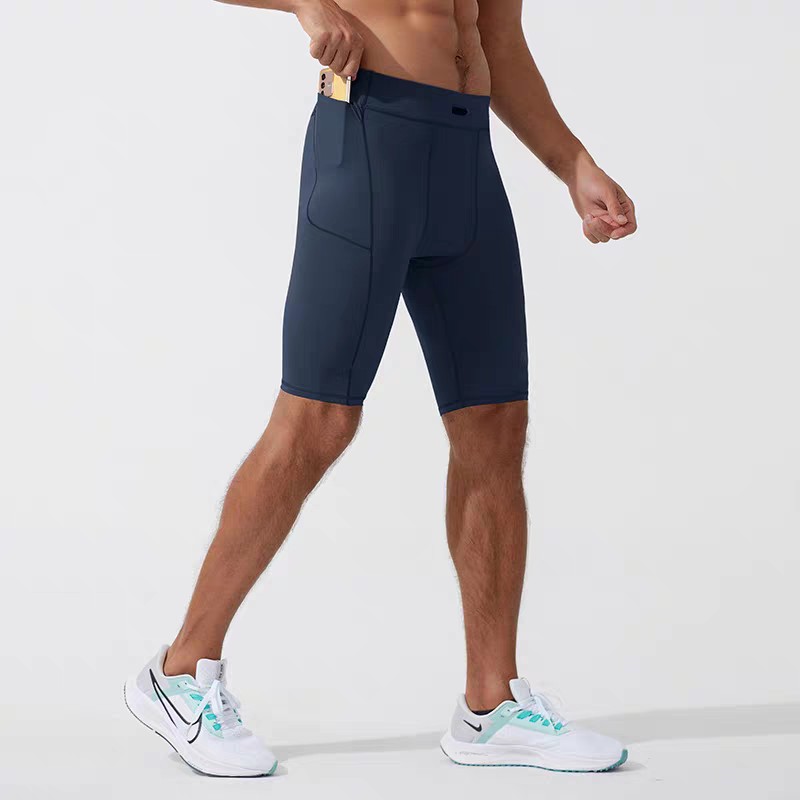 Correr pantalones cortos de compresión para hombres profesionales de maratón de carreras a través de la carretera rápido secado ajustado pantalones de cinco puntos bolsillo puede poner el teléfono móvil
