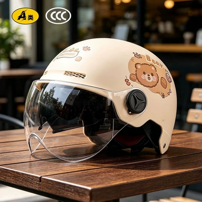 Motosiklet kaskı (dəbilqə), helmet for electric scooters, adult half - matte-double-mirror-model-khaki-caramel-coffee-bearsunshade-hidden-inner-mirrorshort-lensapproximately-12cm-in-length