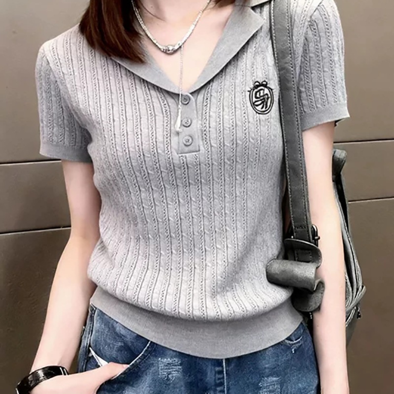 LC814 Old Money Style Rolled-Up V-Neck Short-Sleeve Knit Sweater for Women, Summer 2026, Solid Color, Slim Fit, Elegant Pullover Short