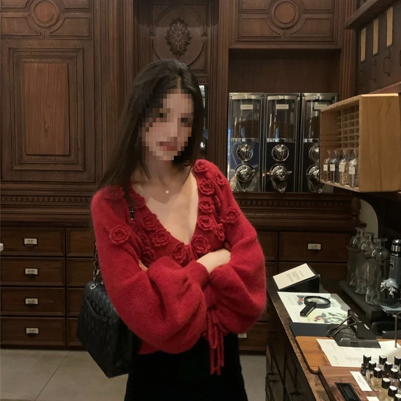 小香风粉色短款针织开衫女秋冬季超好看立体花朵毛衣外套|undefined