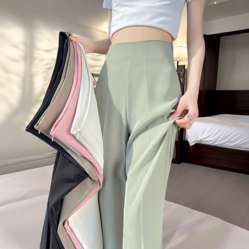 Casual Suit Pants for Women, Spring and Autumn, Petite Narrow Black Wide-Leg Pants with Side Zipper, High-Waisted, Slimming, Drapey, Flared Pants