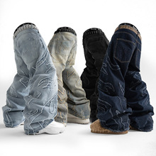 高品质跨境美式复古y2k高街潮牌毛边刺绣火焰拼接阔腿牛仔裤男女