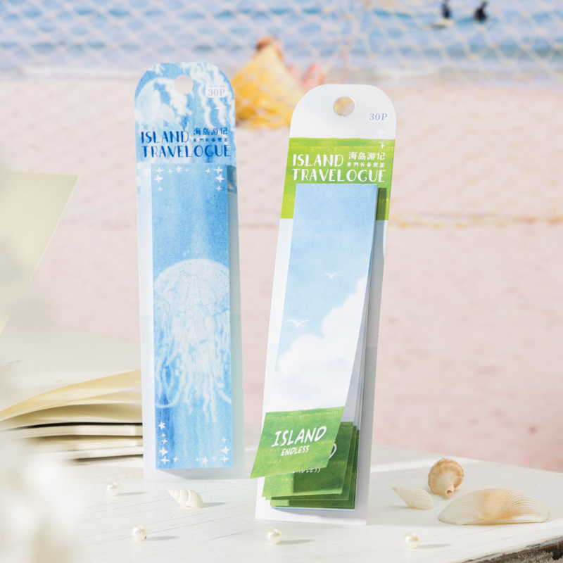 Chica en ketchup larga nota dibujada a mano de la isla serie de notas de viaje de mar azul tema de color de la cuenta de mano decoración de notas