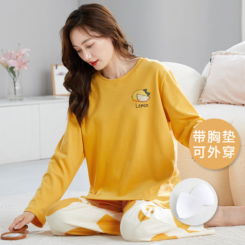 Pajamas with breast pads for women, autumn and winter long-sleeved trousers, cotton Korean cartoon loose, wearable home clothes set