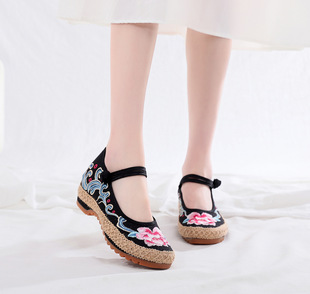 Ruyi 2023 Spring Round-toe Inner Height-increasing Linen Shoes Hanging Women's Shoes Antique Embroidered Shoes Zen Wear Tea Wear Cloth Shoes