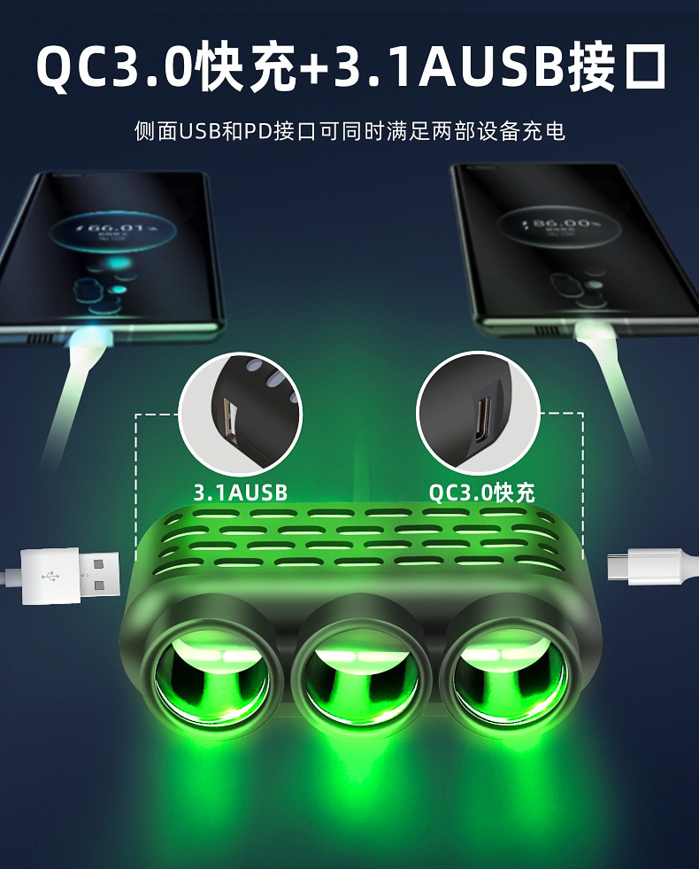 Colorful Light Car Cigarette Lighter Charger Car Charger Qc3.0+Usb+Pd Fast Charging Interface 12V24V