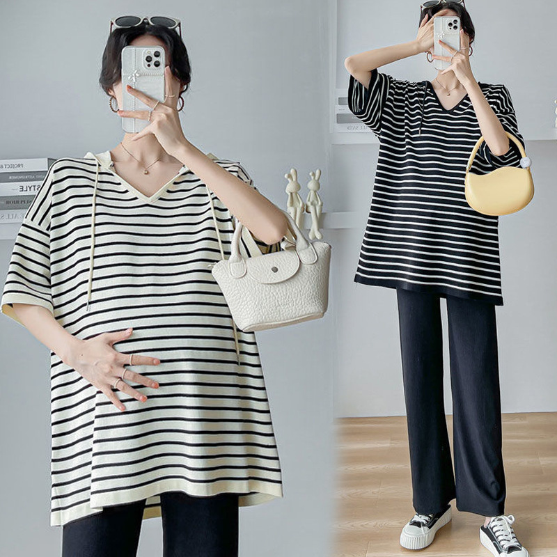 Pregnant Women's Wear Korean-style Hooded Striped Mid-sleeve Pregnant Mom Going Out to Cover Belly Slimming High Waist Adjustable Abdomen-supporting Wide-leg Pants suit