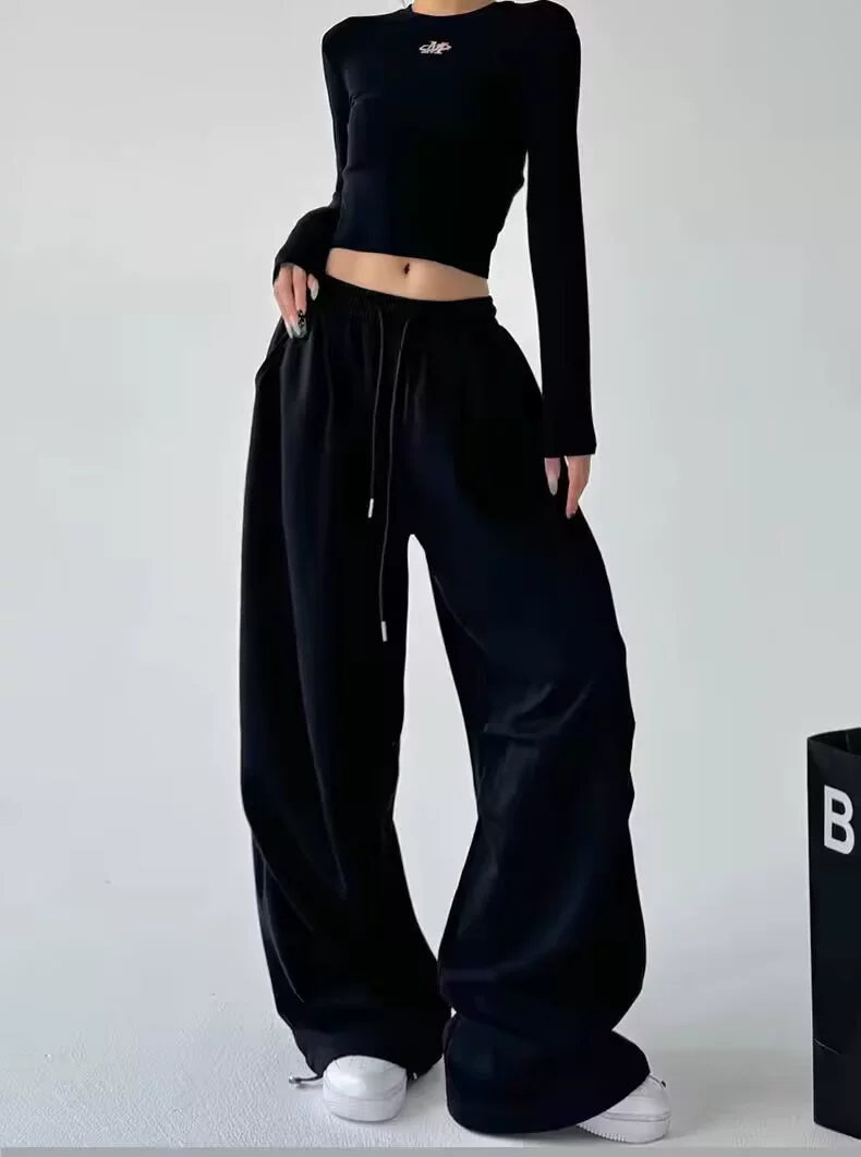 П Solid spring casual trousers, drawstring, loose fit
