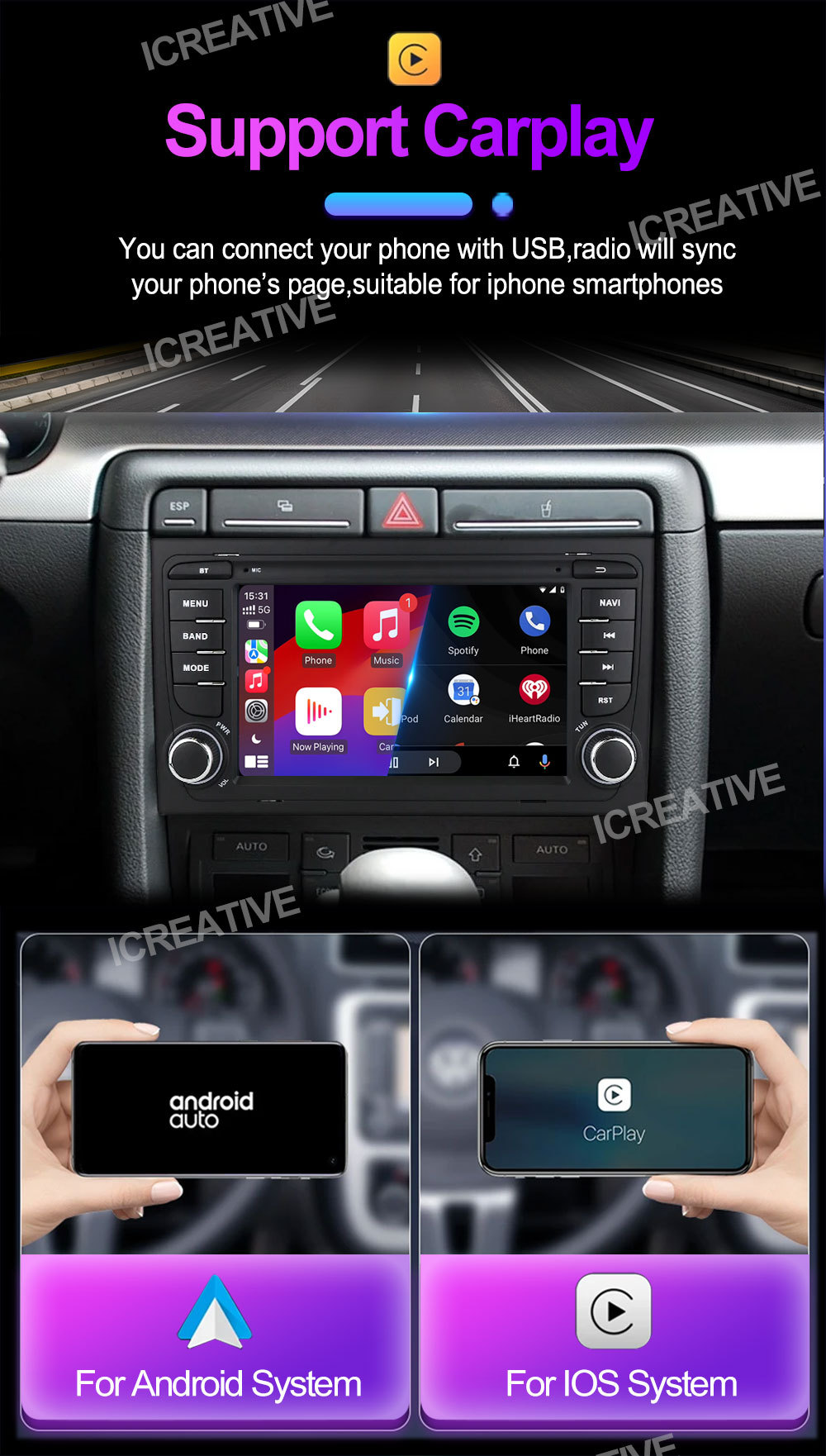 Suitable for 7inch Audi A4 Android Car Gps High-Definition Screen Mp5 Bluetooth Navigation All-In-One Carplay