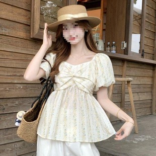 Plus Size Women's French Style Puff Sleeve Twisted Floral Top Women's Summer Slimming Belly-Covering Design Shirt
