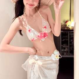 新款比基尼泳衣四件套性感挂脖吊带聚拢露背花卉小清新葫芦岛泳装