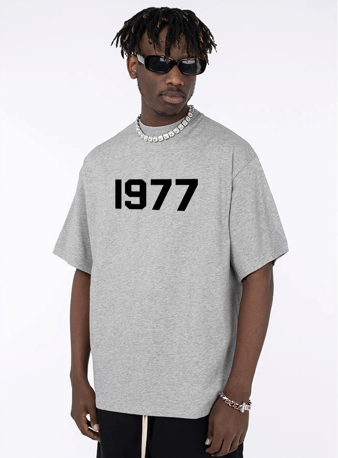 Heavy 350g de hilo doble manga corta para hombres y mujeres escote pequeño 1977 Camiseta de algodón suelta media manga blanca caída hombro media manga