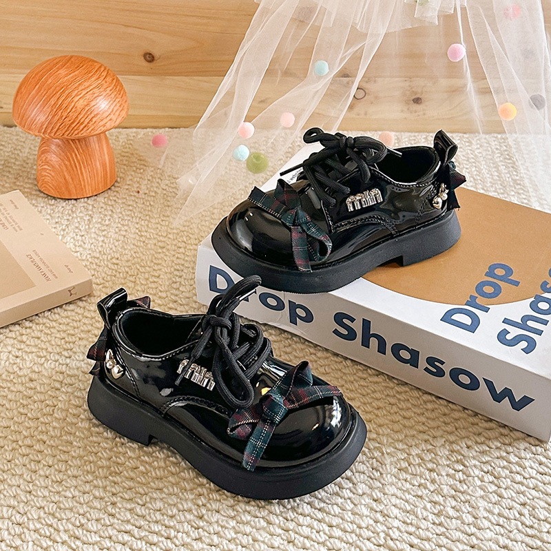 Britische Lederschuhe für Mädchen mit Schleife, Strass-Karo-Design, Frühling/Sommer, College-Stil, einzelne Schuhe_voghion.com