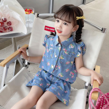 女童碎花棉麻仿牛仔休闲套装夏季新款宝宝洋气时尚两件套外贸批发