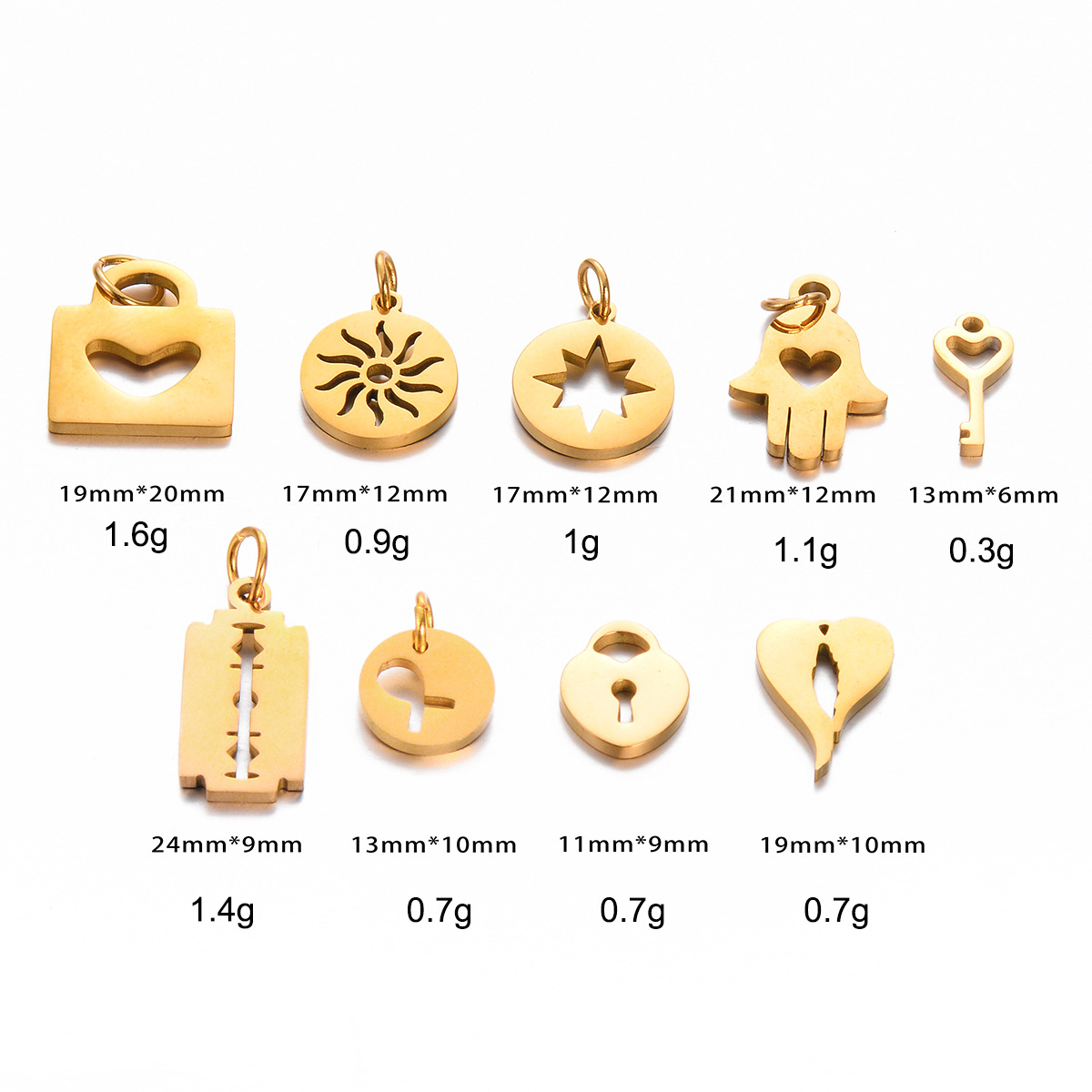 11g Weight 0.03µm-0.05µm Gold Plating Thickness 10 PCS/Package Stainless Steel Gloves Heart Shape Lock