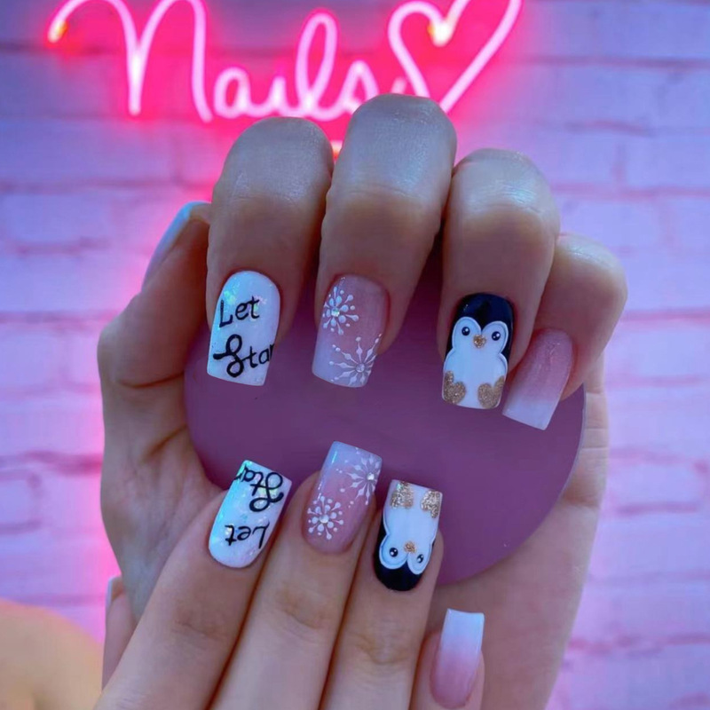Winter Penguin glitter gradient short square wear nail polish Christmas snowflake nail patch fake nail pressing nail