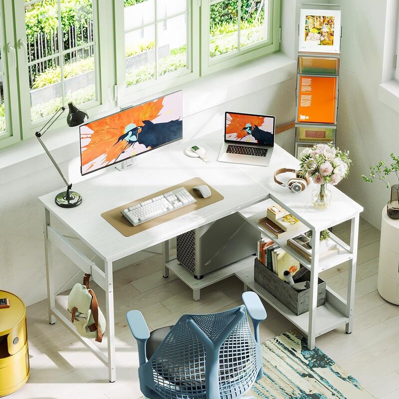 Double-Sided Storage Shelf Corner Table and Pc Stand Modern Minimalist Writing and Study Desk with Storage Bag White Computer Desk
