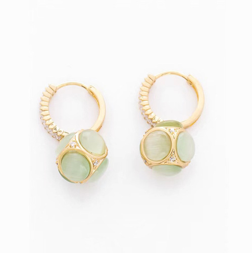 Green Cat's Eye Diamond Ball Earrings with Gold Tones, Elegant and Simple, Non-Fading High-End Retro Earrings