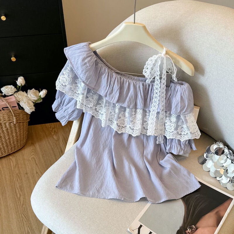 Real Shot of the New Summer Fashion Versatile Off-Shoulder Ruffle Lace Patchwork Short-Sleeve Blouse for Women in White Real Shot of the New Summer Fashion Versatile Off-Shoulder Ruffle Lace Patchwork Short-Sleeve Blouse for Women in White