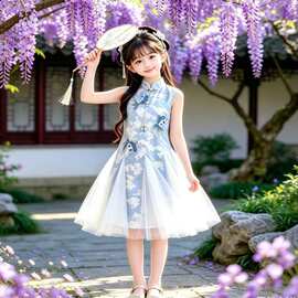 儿童装女童连衣裙夏装2026新款女童中式晕染印花鎏光纱改良鱼尾裙