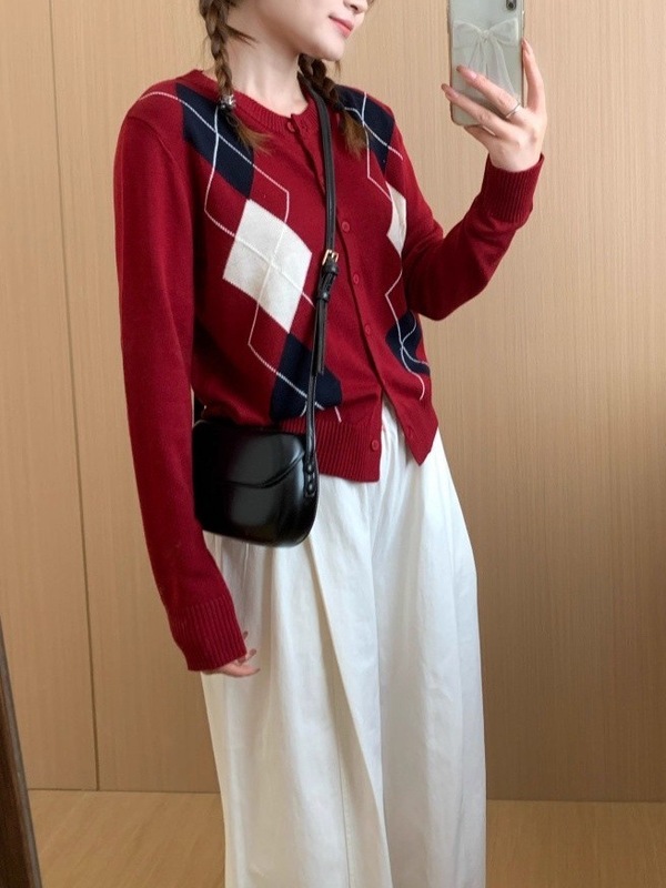 早秋拼色菱形格针织开衫女2025年新款韩版外套学院风格外套|undefined